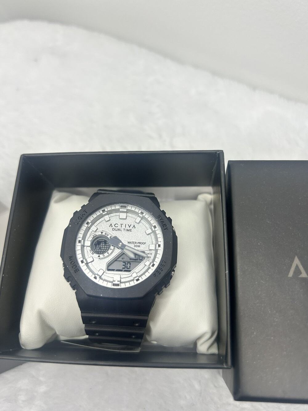 Activa Dual Time Unisex Quartz Analog-Digital Black Rubber Strap Watch w/ Box